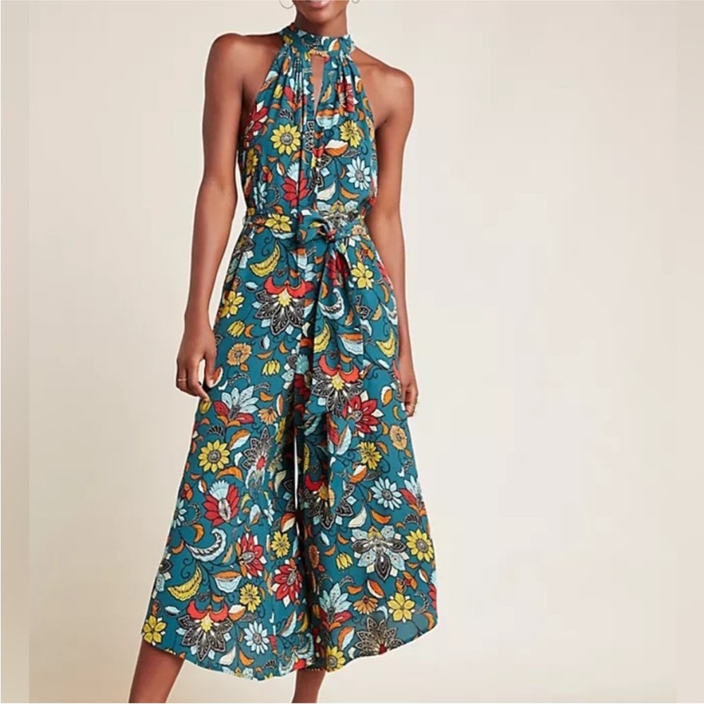 Anthropologie Floral Halter Jumpsuit - Teal and Multicolor